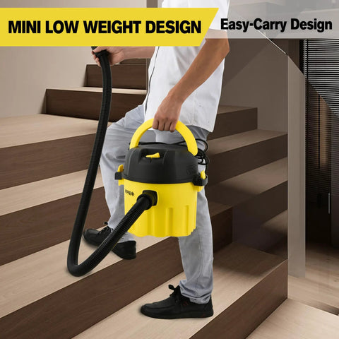 Person carrying Three In One Wet Dry Vacuum With Blower Grab And Go Portable Shop Vacuum on stairs, lightweight design highlighted.