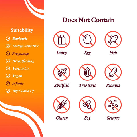 Chart showing suitability and allergens not present in product: dairy, egg, fish, shellfish, tree nuts, peanuts, gluten, soy, sesame.