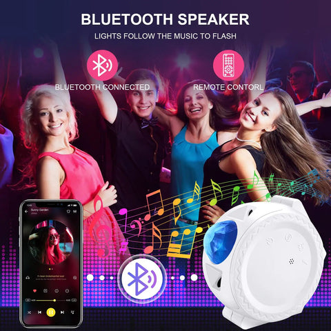 4 In 1 Galaxy Star Projector With Bluetooth Speaker Remote Voice Control And Timer 18 Lighting Effects at a party setting.
