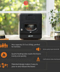 Top Shelf Home Coffee Roaster Machine With Fast Quartz Heating And Ultra Quiet Chaff System For Smooth Daily Roasting In A Sleek Matte Black Cabinet displayed with coffee beans.