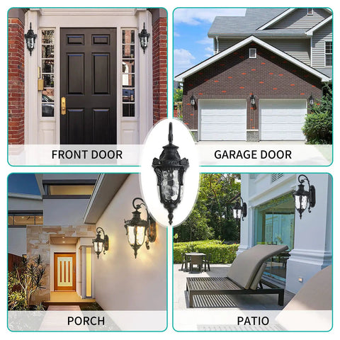 Black Outdoor Wall Light Fixtures With Hammered Glass Shade Exterior Wall Lantern IP65 Waterproof sconce shown on front door, garage, porch, patio.