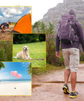 Collage with a hiker on a trail, camper setting up an orange tent, a golden retriever on grass, and heart balloons on a beach.