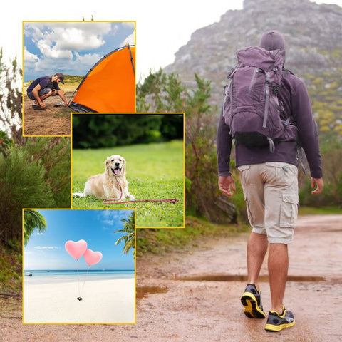 Collage with a hiker on a trail, camper setting up an orange tent, a golden retriever on grass, and heart balloons on a beach.