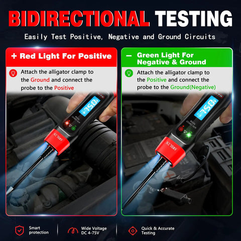 4-75V DC Automotive Test Light With Buzzer Sound For Wide Range Electrical Diagnostics Tests Headlights Taillights Fuses Batteries And More Pro Grade Car Circuit Tester showing bidirectional testing