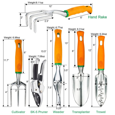 12 Piece Aluminum Garden Tool Set With Canvas Apron And Storage Pocket, featuring hand rake, transplanter, pruner, weeder, trowel, cultivator