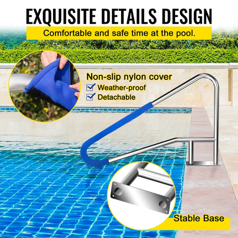 Heavy Duty Pool Handrail With Four Corner Flex And Blue Rubberized Comfort Guard Forged From 304 Stainless Steel showing non-slip cover and base.