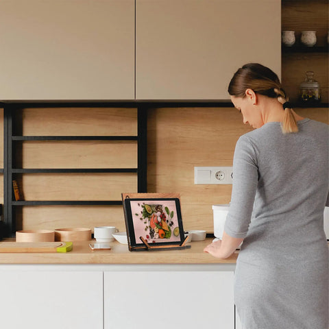 Walnut Wood Cookbook Stand Hands Free Reading For Kitchen Tablet Holder on counter with recipe displayed on tablet