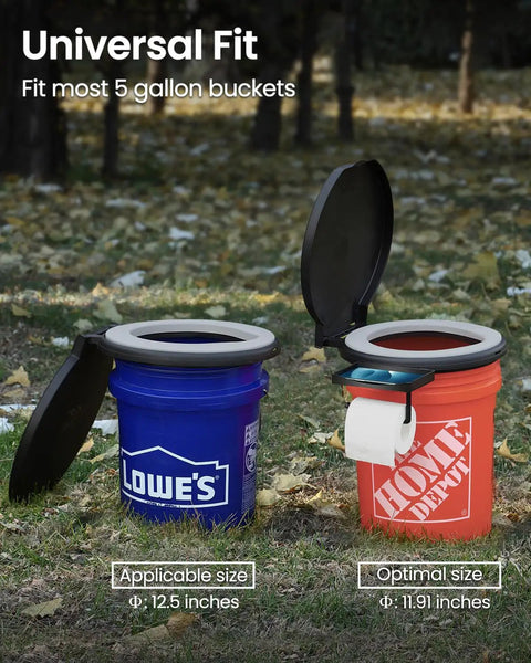 Total Game Changer Camp Toilet Seat With Ultra Plush Cushion And Secure Swivel Lid Fits Standard 5 Gallon Bucket shown on blue and orange buckets.