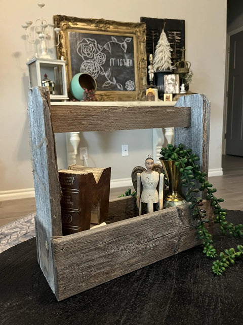 Real Reclaimed Barnwood Tote Carry All Planter Box For Indoor And Outdoor Farmhouse Decor Accent with decorative items