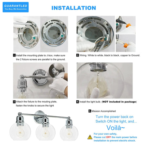 Three Light Chrome Vanity Light Fixture For Bathroom Powder Room Wall Sconce With Globe Glass Shades Modern Farmhouse Style Fits Single Or Double Vanities E26 Base Bulbs Not Included