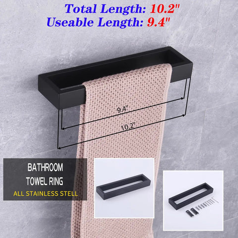 Matte Black 2 Piece Bathroom Accessory Set With Durable SUS 304 Stainless Steel Towel Ring shown on wall with length dimensions