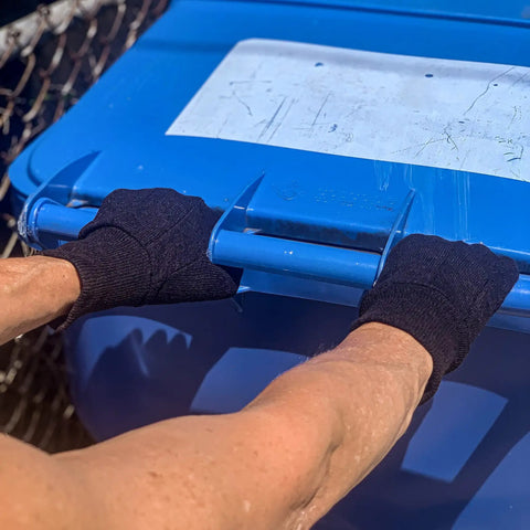 Versatile Jersey Blend Work Gloves Pack Of 12 Large Size All Day Comfort with Seams Free Palm Design lifting blue bin