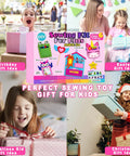 Beginner Kids Sewing Kit With 6 DIY Projects, sewing kit packaging and kids enjoying gift boxes on birthdays and holidays.