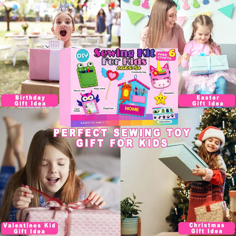 Beginner Kids Sewing Kit With 6 DIY Projects, sewing kit packaging and kids enjoying gift boxes on birthdays and holidays.