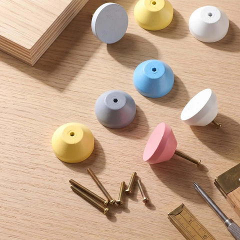 Colorful Wood Cabinet Knobs Set Of 12 1.5 Inch Diameter Cone Shape Drawer Pulls displayed on wood surface with screws