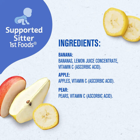 Ingredients of My First Fruits Starter Kit Banana Pear Apple Puree In 2 Ounce Tubs Set Of Six On The Go Baby Food