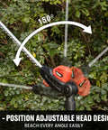 Ultra Lightweight Cordless Pole Hedge Trimmer with 11-position pivoting head in action against shrub backdrop
