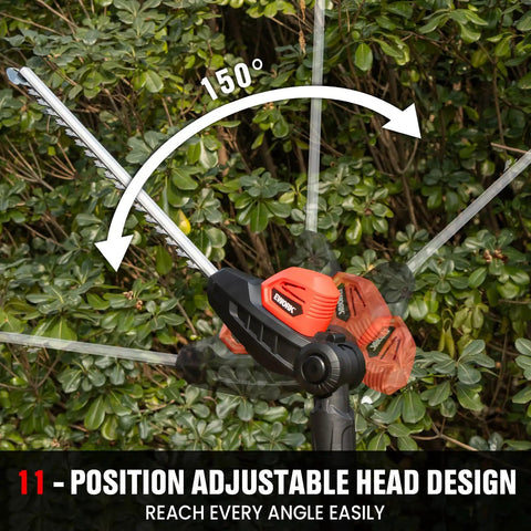 Ultra Lightweight Cordless Pole Hedge Trimmer with 11-position pivoting head in action against shrub backdrop
