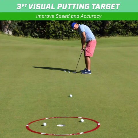 Golfer using Lag Circle Golf Training Tool For Short Game With 6 Ft Chipping Circle And 3 Ft Putting Circle on green