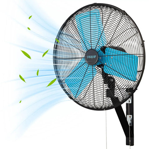 Industrial Grade 20 Inch Wall Mount Fan With Beastly High Velocity Airflow 5500 CFM 3 Speed Oscillating displayed on wall bracket