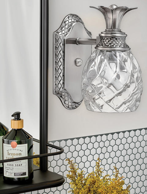 Plantation Style One Light Bathroom Vanity Fixture in Polished Antique Nickel with Silver Patina Finish, pineapple design