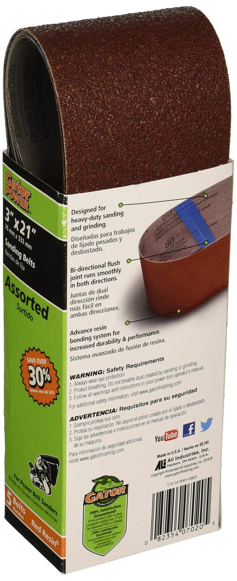 Gator 5 Pack 3 Inch By 21 Inch Aluminum Oxide Sanding Belts Assorted For Heavy Duty Sanding And Grinding Of Wood Metal Fiberglass And Painted Surfaces