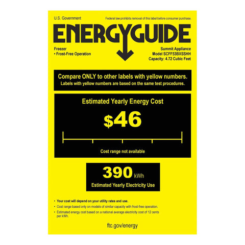 Energy guide label for Professional Under Counter Upright Freezer Showcasing Zero Frost Headaches and Polished Stainless Steel Cladding.