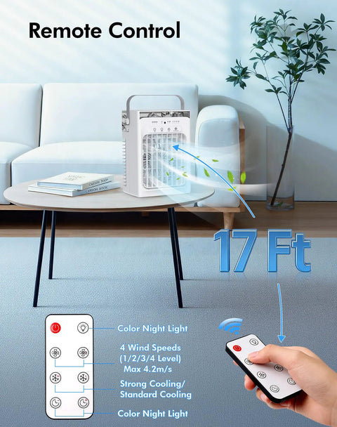 Portable Evaporative Mini AC With Remote, Four Speed Settings, Colorful Night Light on table in modern living room.