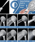 Nine spray settings handheld shower head of Stainless Steel Shower Grab Bar Set With Handheld Shower Head And Extra Long Hose Chrome Plated Durable Safe Mount 23 Inch Sliding Bar Rock Solid Supports Up To 250 Lbs For Easy Bathing.
