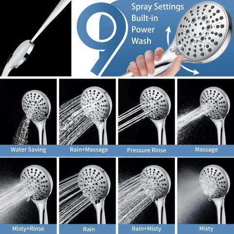 Nine spray settings handheld shower head of Stainless Steel Shower Grab Bar Set With Handheld Shower Head And Extra Long Hose Chrome Plated Durable Safe Mount 23 Inch Sliding Bar Rock Solid Supports Up To 250 Lbs For Easy Bathing.