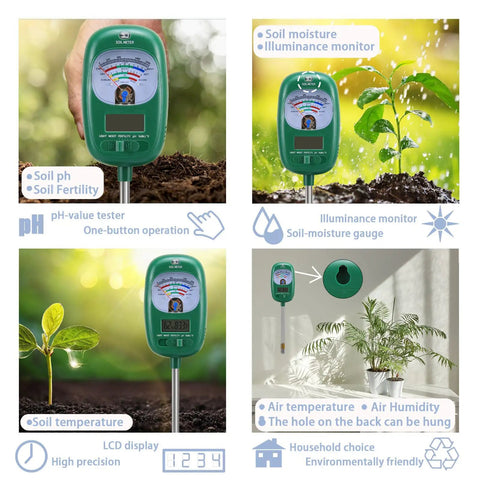 Super Handy Go To All In One Soil Test Kit With Moisture Meter PH Meter Sunlight Intensity Fertility Tester LCD Display Air And Soil Hygrometer And Temperature, hand-held