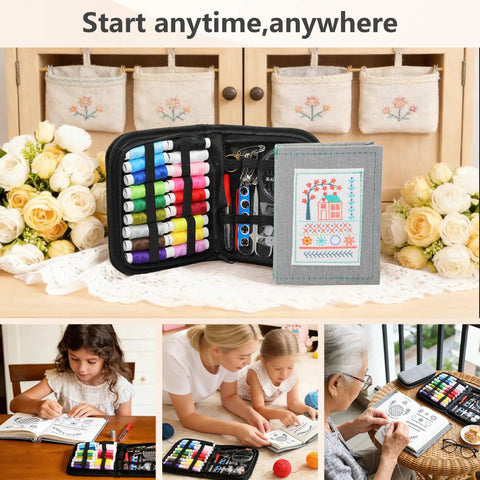 All In One Hand Embroidery Book Kit For Adults And DIY Craft Lovers 106 Illustrated Stitch Patterns With No Fuss Step By Step Tutorials 86 Piece Beginner Kit With Tools Portable Learning Guide For Home Or Travel shown open on a table with people using it.