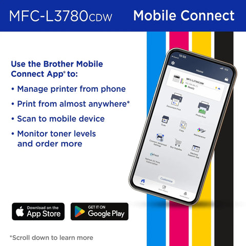 Smartphone displaying Brother Mobile Connect App for MFC-L3780CDW Wireless Color All In One Printer With Laser Quality Output