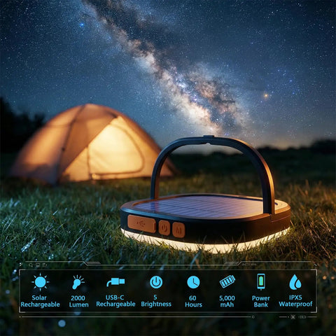 Solar Powered Camping Lantern Must Have All Weather Ready 5000mAh Battery 2000 Lumens 5 Light Modes USB Rechargeable IP65