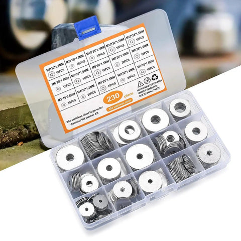 230 Piece Flat Washer Essentials Kit For Electrical Connections And General Repairs Includes Various Size Washers To Fit Screws Nuts And Bolts Distributes Load Prevents Loosening Perfect For Diy Home And Auto Projects., 304 stainless steel washers in organizer case