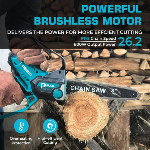 8 Inch Cordless Pruning Chainsaw With Auto Oiler, Brushless 800W Motor in use, cutting wood, shows power and durability.