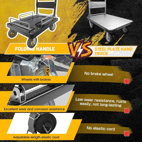 Beefy Heavy Duty Foldable Hand Cart With Wheels For 1300 Lbs Loads Portable Platform Hand Truck With Detachable 3 Sided Guardrails Rugged Dolly For Moving Equipment On Concrete Wood Or Carpet Wide Application And Easy Storage, foldable handle steel deck