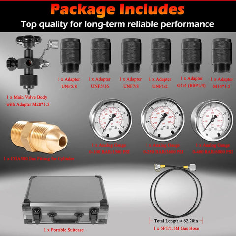 Pro Grade Nitrogen Charging Kit for Hydraulic Accumulators With 7 Couplings, 3 Analog Gauges 1500 3600 6000 PSI, 1 Gas Hose, 1 Main Valve Body, Nitrogen Pressure Test Kit and Gas Charging Tools