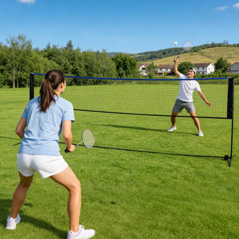 Portable Multi Sport Net Set With Adjustable Height From 2.79 To 5.1 Feet, 10 Feet Wide Backyard Net, players having fun