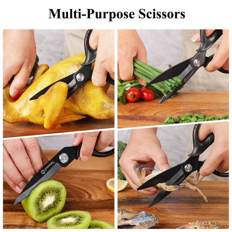 Heavy Duty Kitchen Scissors With Titanium Coated Blades Micro Serrated And Detachable Blades All Purpose Kitchen Shears For Food Prep Cuts Through Chicken Bones And Thick Veggies Like A Boss Built For Easy Power And Precision black 8-inch scissors cutting chicken, chives, kiwi, and crab