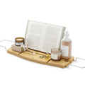 Aquala Extendable Bathtub Tray Caddy With Book Stand And Wine Glass Holder, phone stand, natural wood finish, holds bath items