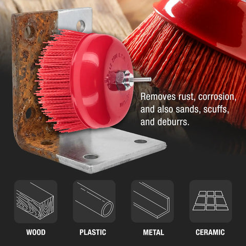 Six Inch Abrasive Filament Nylon Cup Brush With Five Eighth Inch Thread And One Quarter Inch Hex Drill Shank Arbor Coarse Grit Angle Grinder Brush for surface prep on metal.