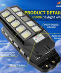 Lit Solar Outdoor Lights 6500K Dusk To Dawn Security Flood Lights with Motion Sensor IP66, close-up of LED panel and features.