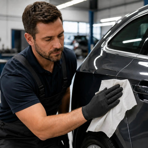Mechanic using Recycled White Cleaning Rags Bulk 5 Lb Box Lint Free Cotton Cloths for Auto Shop Manufacturing and Janitorial Use