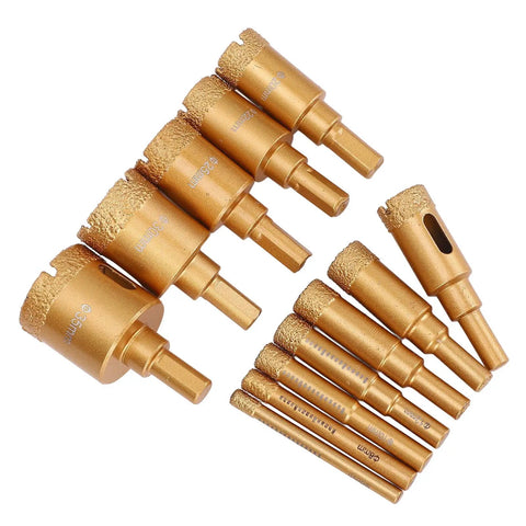Ultimate 12 Piece Diamond Drill Bit Set For Ceramic Granite Marble Glass Brick Dry Wet Use With 40 Grit And High Speed Steel Core For Precision Hole Sawing From Size 6 Mm To 35 Mm Made to Crush Any Tough Material diamond hole saw bits set on white background