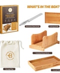 Dope Adjustable Bamboo Bread Slicer With Foldable Slicing Guide And Crumb Tray package contents with knife and storage bag