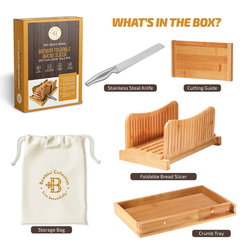 Dope Adjustable Bamboo Bread Slicer With Foldable Slicing Guide And Crumb Tray package contents with knife and storage bag