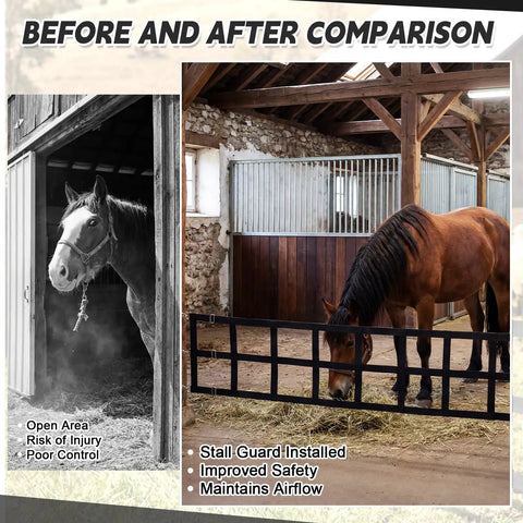 Before and after comparison of horse stall with Dang Solid 12 By 20 Foot Polyester Horse Stall Guard featuring no sweat adjustable straps.