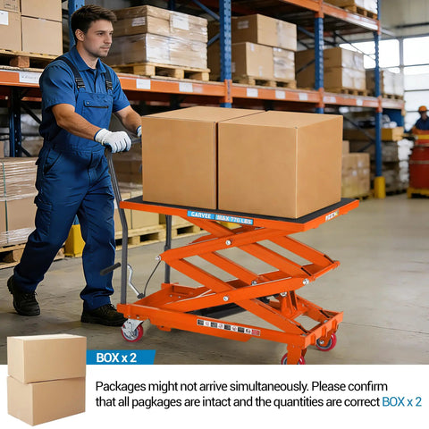 Heavy Duty Hydraulic Lift Table Cart, 770 Lbs Capacity, 50 Inch Rise, rolls smoothly with boxes in a warehouse setting.