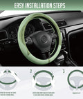 Upgrade Your Whip With This Fresh Green Patterned Steering Wheel Cover Crafted From Soft PU Leather Patchwork shown in car installation steps.